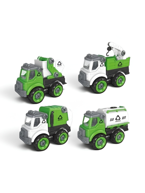 DIY Assembled Sanitation Truck Toy Set with STEM Tools & Play Mat 4-Pack TV6660