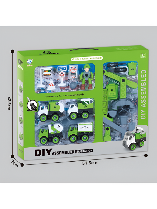 DIY Assembled Sanitation Truck Toy Set with STEM Tools & Play Mat 4-Pack TV6660