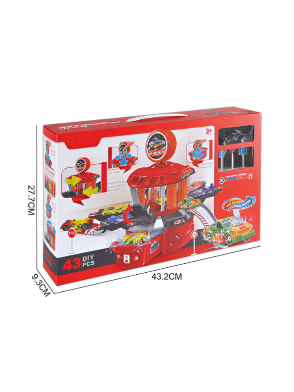 Red DIY Car Wash Track Playset with Color-Changing Toy Cars and Water Action MD654