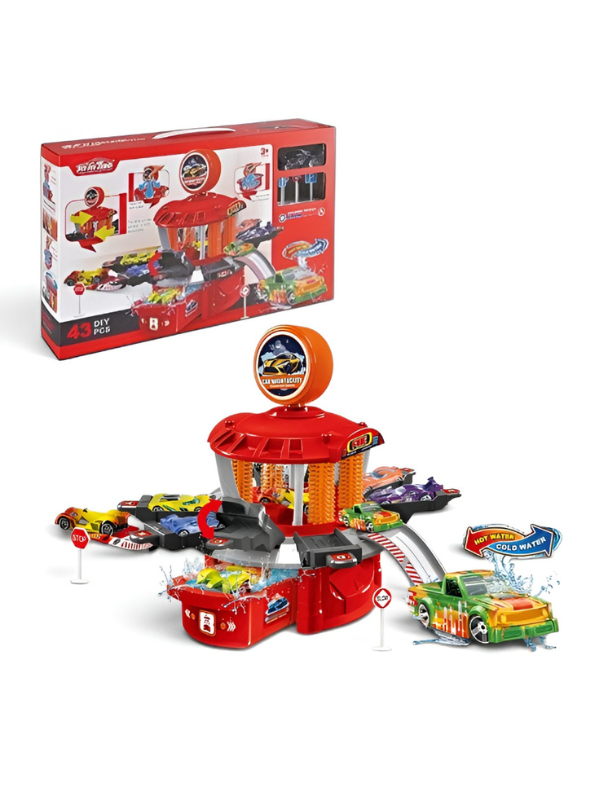 Red DIY Car Wash Track Playset with Color-Changing Toy Cars and Water Action MD654