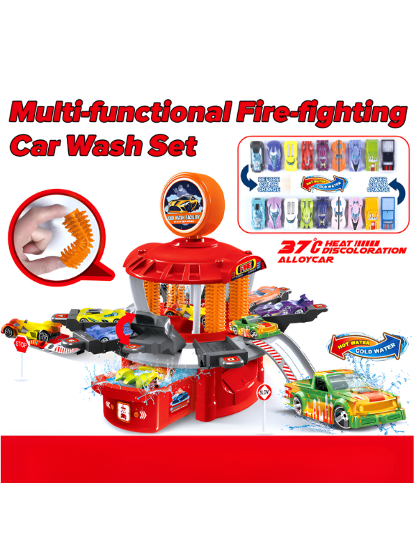 Red DIY Car Wash Track Playset with Color-Changing Toy Cars and Water Action MD654