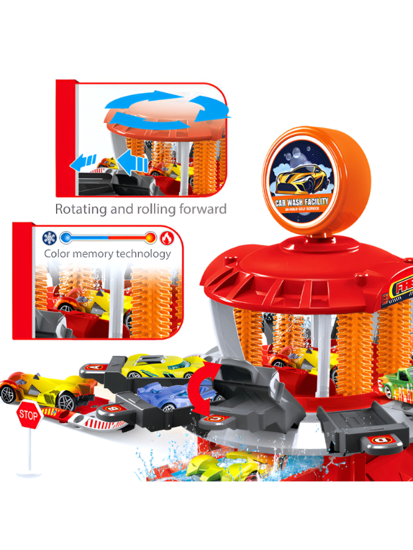 Red DIY Car Wash Track Playset with Color-Changing Toy Cars and Water Action MD654