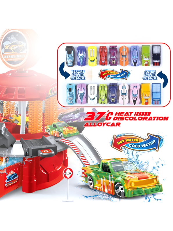 Red DIY Car Wash Track Playset with Color-Changing Toy Cars and Water Action MD654