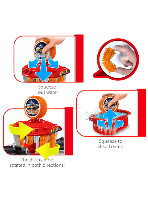 Red DIY Car Wash Track Playset with Color-Changing Toy Cars and Water Action MD654
