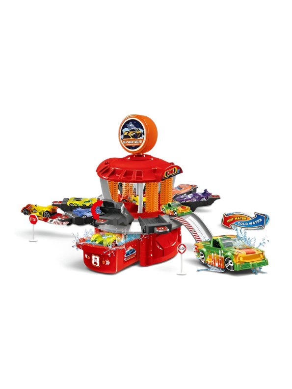 Red DIY Car Wash Track Playset with Color-Changing Toy Cars and Water Action MD654