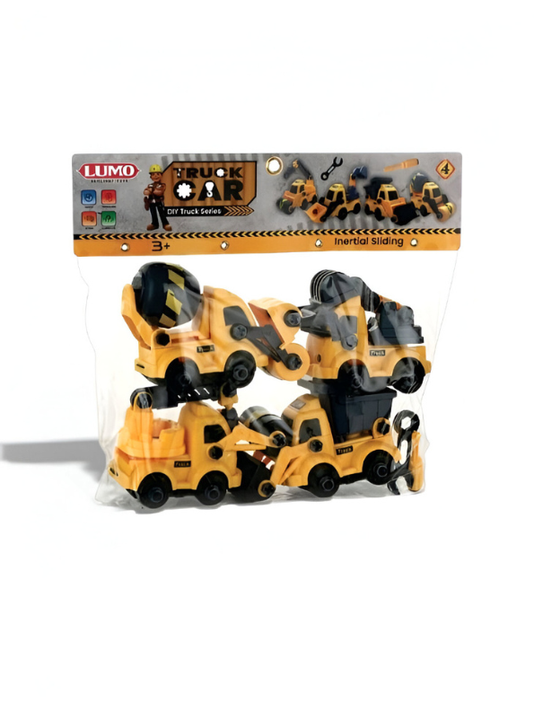 DIY Construction Truck Set for Kids – 4-Pack Take-Apart Engineering Vehicles with Cement Mixer, Excavator & Dump Truck STEM Toy LMI10726.