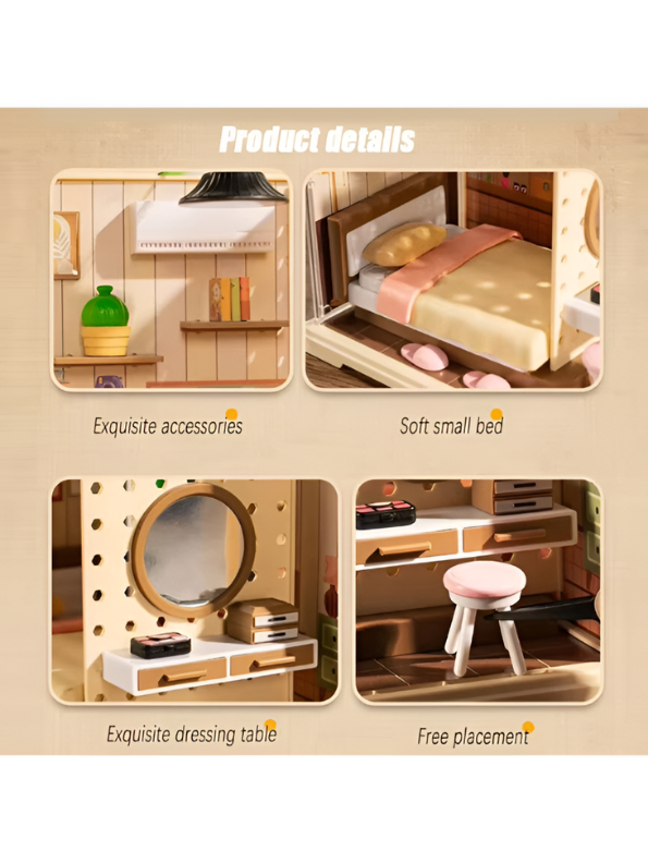 DIY Miniature Bedroom Dollhouse Kit with Warm LED Lights MD337.