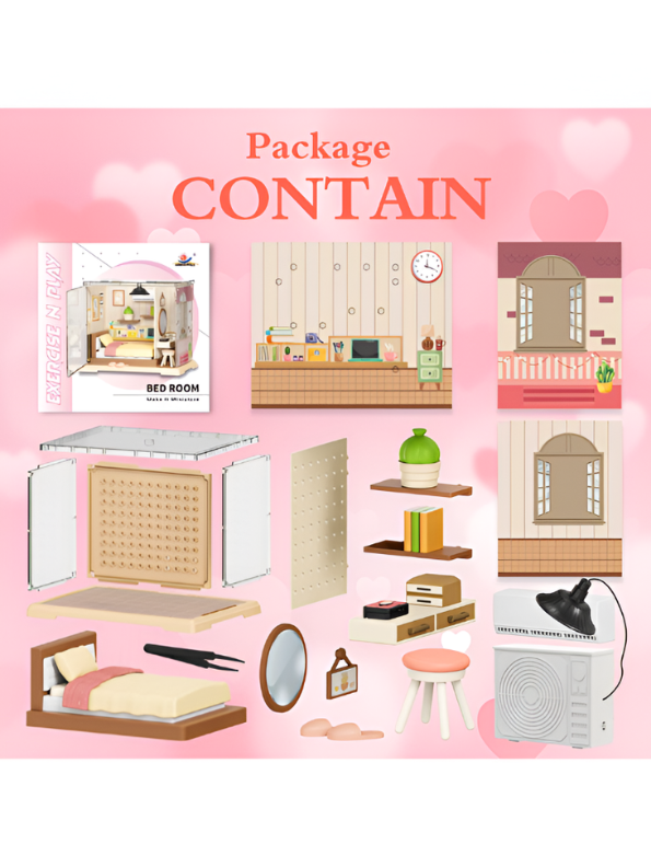 DIY Miniature Bedroom Dollhouse Kit with Warm LED Lights MD337.
