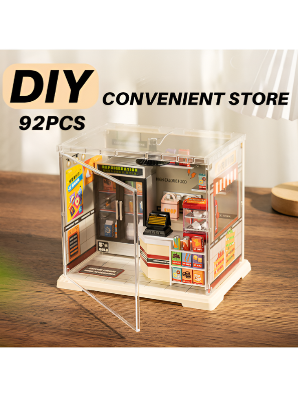DIY Miniature Convenience Store Kit with LED Light & Clear Case MD338.