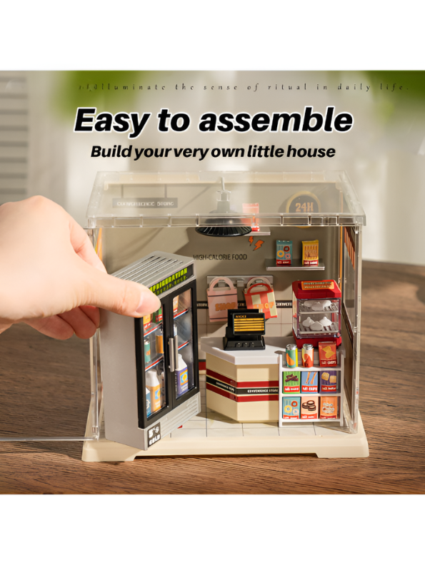 DIY Miniature Convenience Store Kit with LED Light & Clear Case MD338.