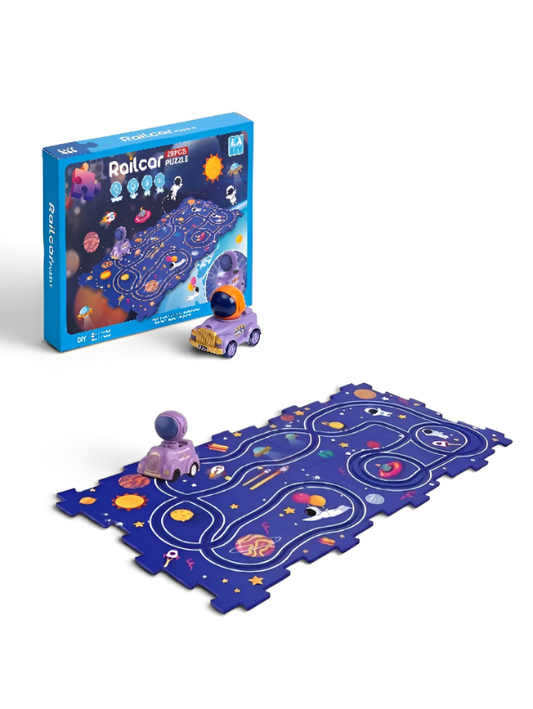 DIY Outer Space Railcar Track Puzzle Toy Set – 28-Piece Interlocking Flexible Track Play Mat with Automatic Astronaut Car, STEM Educational Building Toy TV4700.