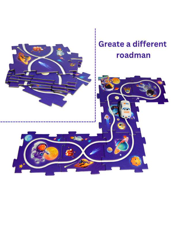 DIY Outer Space Railcar Track Puzzle Toy Set – 28-Piece Interlocking Flexible Track Play Mat with Automatic Astronaut Car, STEM Educational Building Toy TV4700.