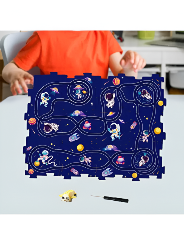 DIY Outer Space Railcar Track Puzzle Toy Set – 28-Piece Interlocking Flexible Track Play Mat with Automatic Astronaut Car, STEM Educational Building Toy TV4700.