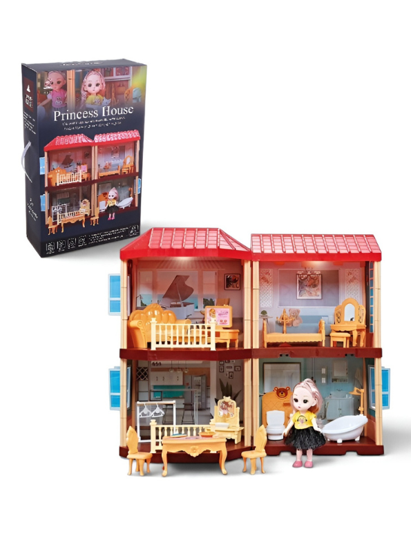 DIY Princess Castle Doll House – 2-Story Pretend Play Villa Toy with Mini Doll & Furniture Accessories MD744