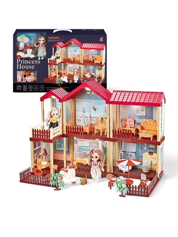DIY Princess Dollhouse Playset with LED Lights, 2 Fashion Dolls, Furniture & Garden Yard – Multi-Story Pretend Play Villa Toy MD745