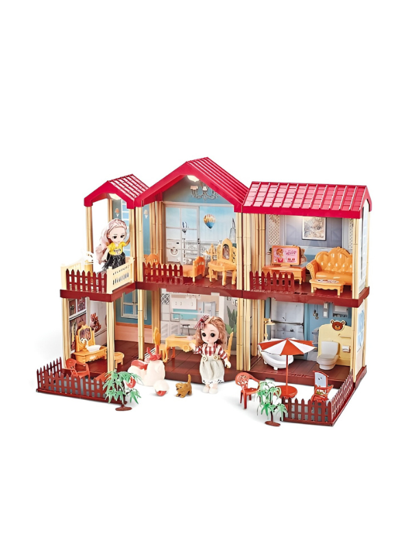 DIY Princess Dollhouse Playset with LED Lights, 2 Fashion Dolls, Furniture & Garden Yard – Multi-Story Pretend Play Villa Toy MD745