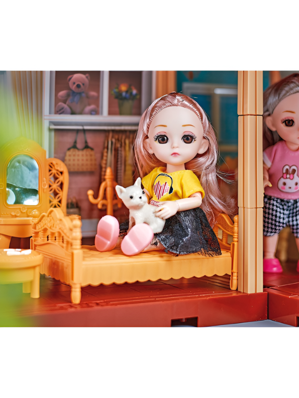 DIY Princess Dollhouse Playset with LED Lights, 2 Fashion Dolls, Furniture & Garden Yard – Multi-Story Pretend Play Villa Toy MD745