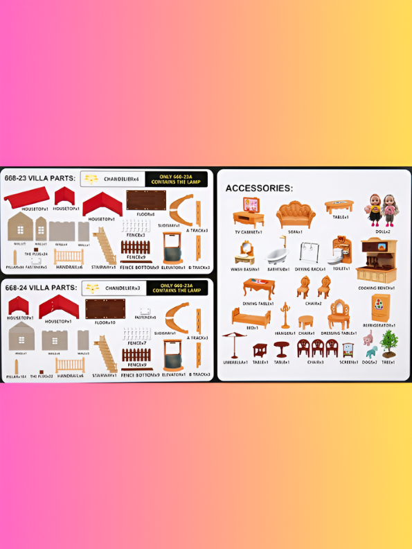 DIY Princess Dollhouse Playset with LED Lights, 2 Fashion Dolls, Furniture & Garden Yard – Multi-Story Pretend Play Villa Toy MD745
