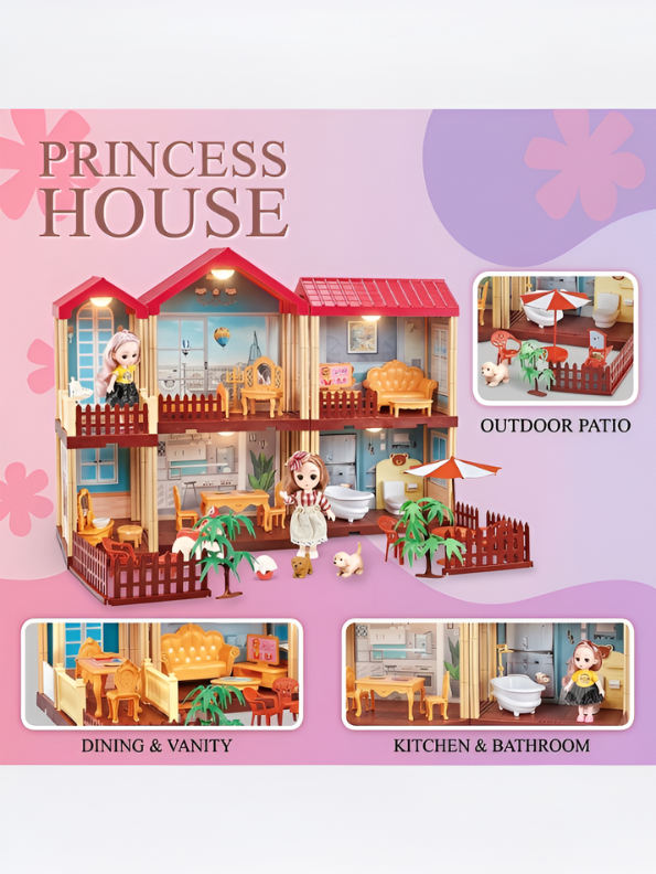 DIY Princess Dollhouse Playset with LED Lights, 2 Fashion Dolls, Furniture & Garden Yard – Multi-Story Pretend Play Villa Toy MD745