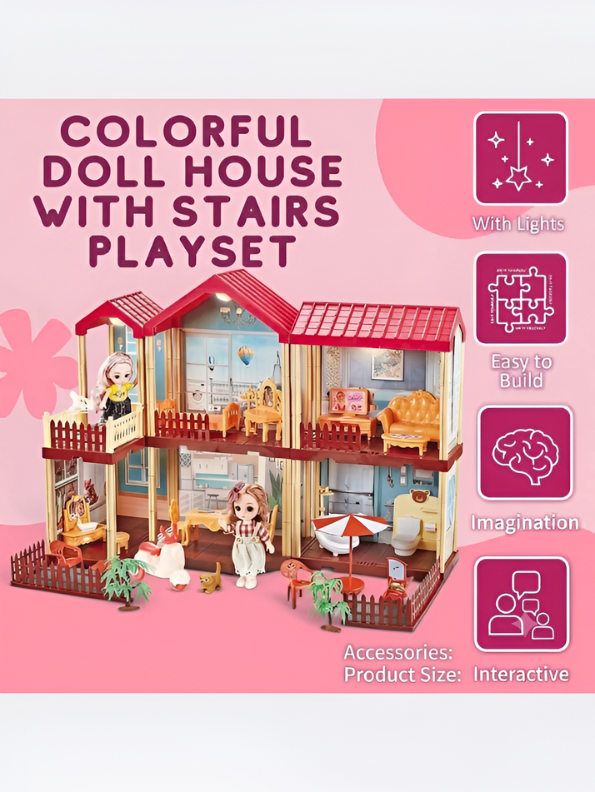 DIY Princess Dollhouse Playset with LED Lights, 2 Fashion Dolls, Furniture & Garden Yard – Multi-Story Pretend Play Villa Toy MD745