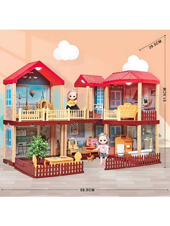 DIY Princess Dollhouse Playset with LED Lights, 2 Fashion Dolls, Furniture & Garden Yard – Multi-Story Pretend Play Villa Toy MD745