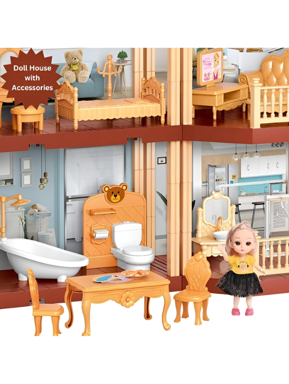 DIY Princess Dollhouse Playset with LED Lights, 2 Fashion Dolls, Furniture & Garden Yard – Multi-Story Pretend Play Villa Toy MD745