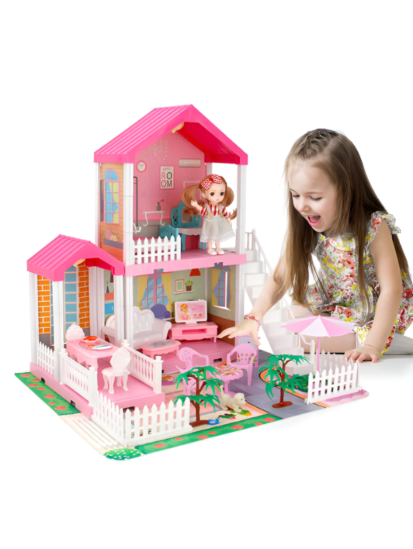 DIY Princess Pink Dollhouse Playset with 1 Dolls, Furniture & Play Mat – Creative Toy MD739