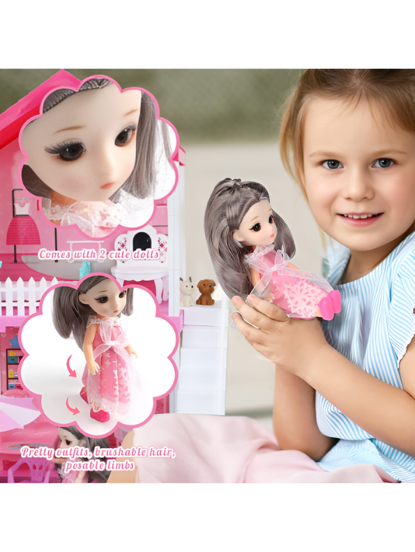 DIY Princess Pink Dollhouse Playset with 1 Dolls, Furniture & Play Mat – Creative Toy MD739