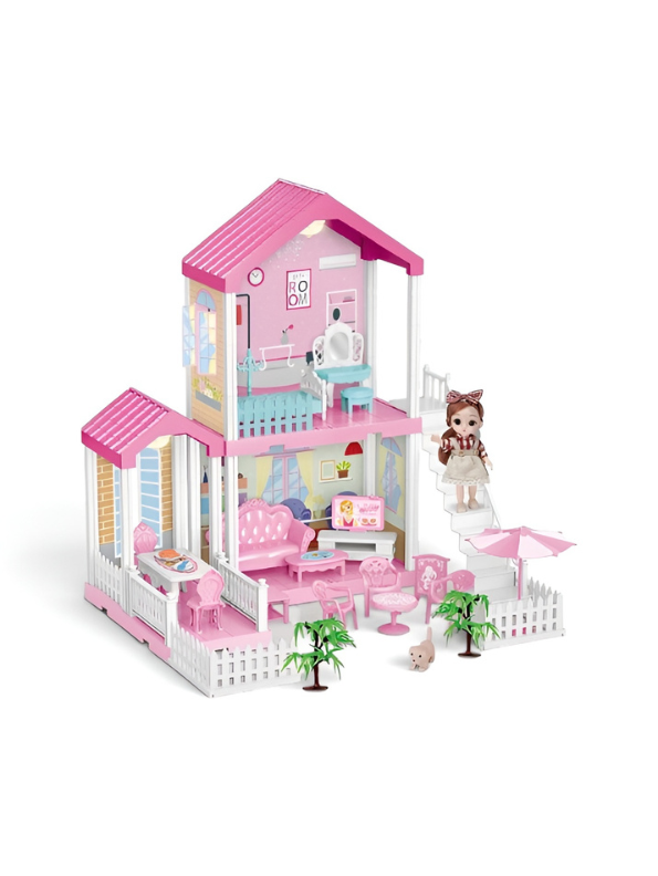 DIY Princess Pink Dollhouse Playset with 1 Dolls, Furniture & Play Mat – Creative Toy MD739
