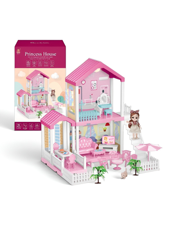 DIY Princess Pink Dollhouse Playset with 1 Dolls, Furniture & Play Mat – Creative Toy MD739