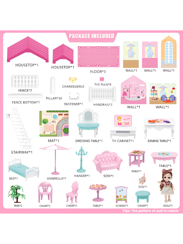 DIY Princess Pink Dollhouse Playset with 1 Dolls, Furniture & Play Mat – Creative Toy MD739
