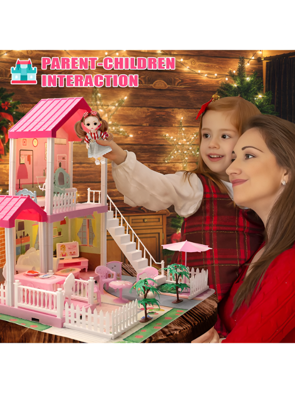 DIY Princess Pink Dollhouse Playset with 1 Dolls, Furniture & Play Mat – Creative Toy MD739