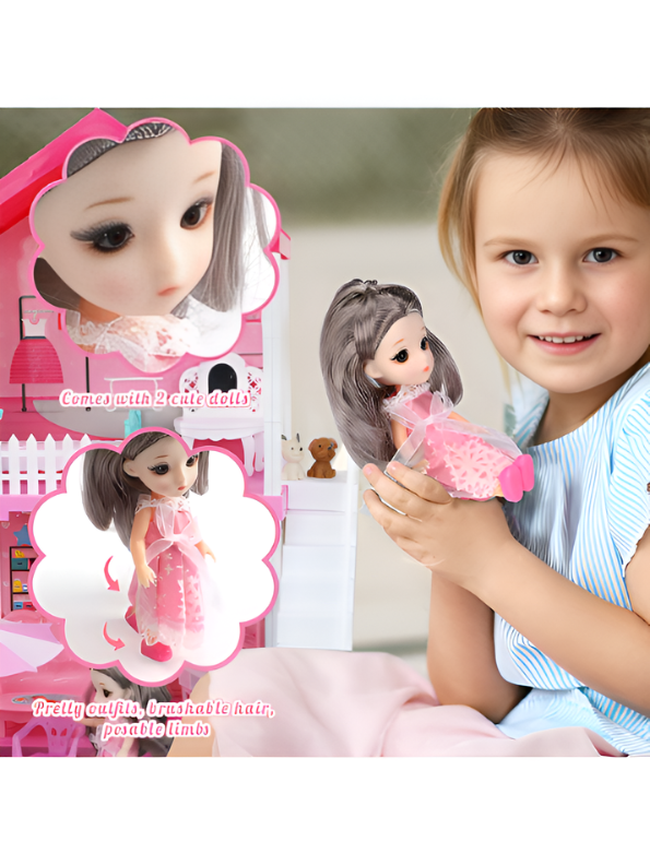 DIY Princess Villa Dollhouse Playset with Dolls, Furniture & Pet Figure (75+ Pcs) MD49