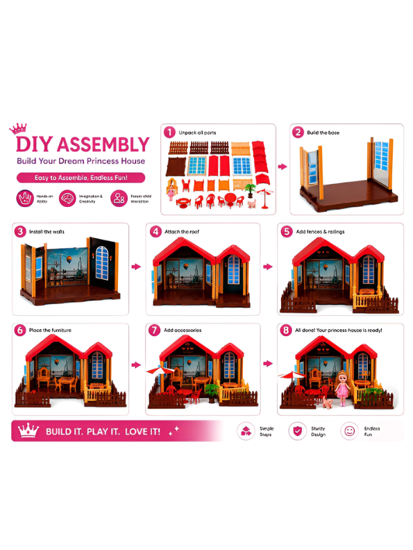 DIY Princess Villa Dollhouse Playset with Dolls, Furniture & Pet Figure (75+ Pcs) MD49