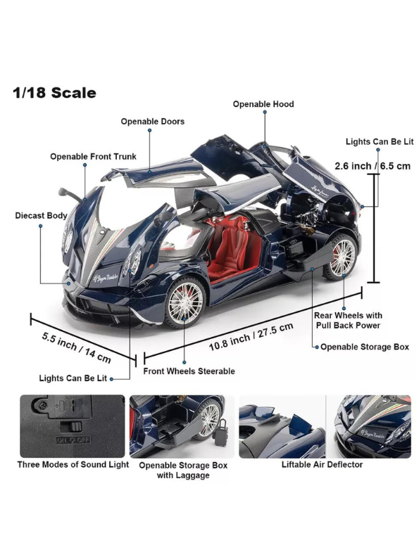 Pagani Huayra Toy Car - White Luxury Die-Cast Metal Model with Opening Doors & Gold Rims - Large 1:18 Scale Perfect Collector Gift - Free Car Inside - LMI15111