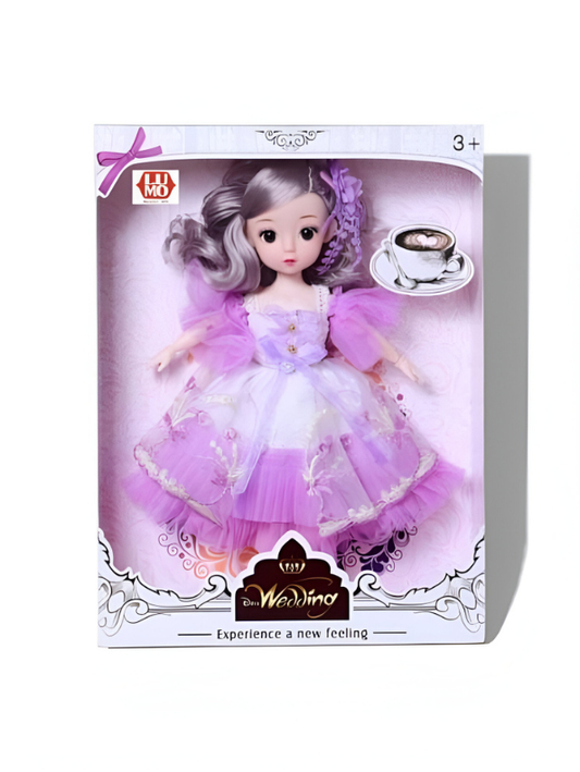 Wedding Series Fashion Doll – 11-inch Posable Girl Toy with Purple Lace Gown, Grey Hair & Coffee Accessory – Kids Gift Ages 3+ LMI10447