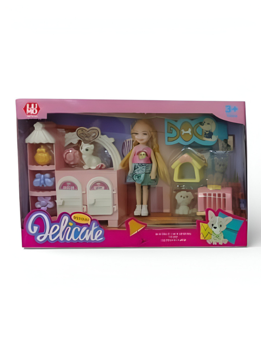 Delicate Pet Care Doll Set with Mini Dogs, Cat, and Grooming Vanity Accessories - Gift for Girls Ages 3+ NX15272