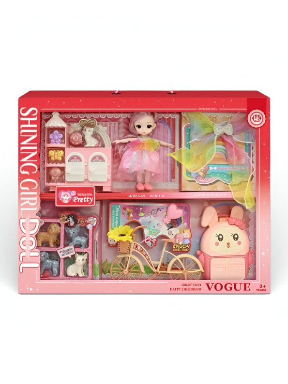 Shining Girl Doll Playset with Miniature Pets, Bicycle, and Fashion Accessories - Pink Gift Set for Girls Ages 3+ NX13112