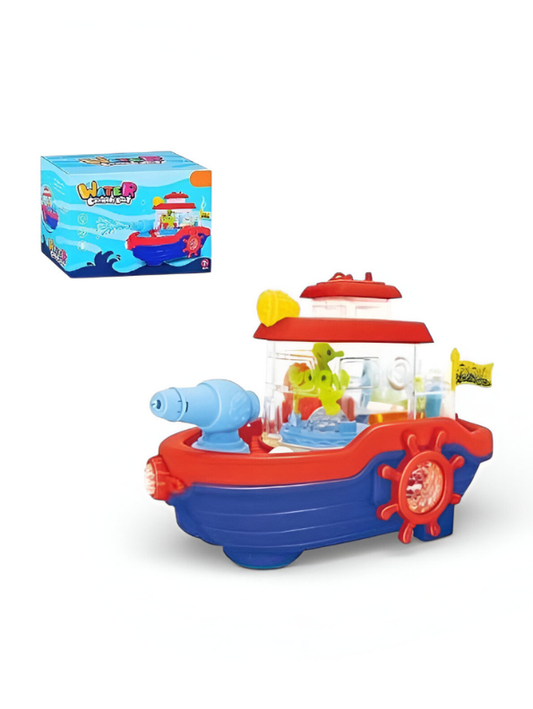 Blue Musical Water Spray Ship Bath Toy for Toddlers with 3D Lights, Moving Gears & Automatic Water Cannon – Kids Bathtub & Pool Toy LMI15766