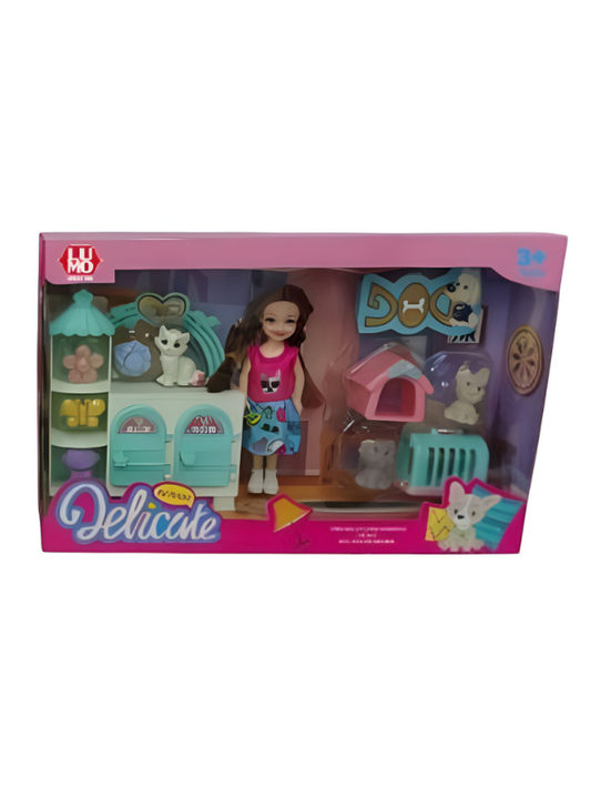 Delicate Pet Care Doll Set with Mini Dogs & Cat, Grooming Vanity Accessories – Perfect Gift for Girls 3+ NX15272