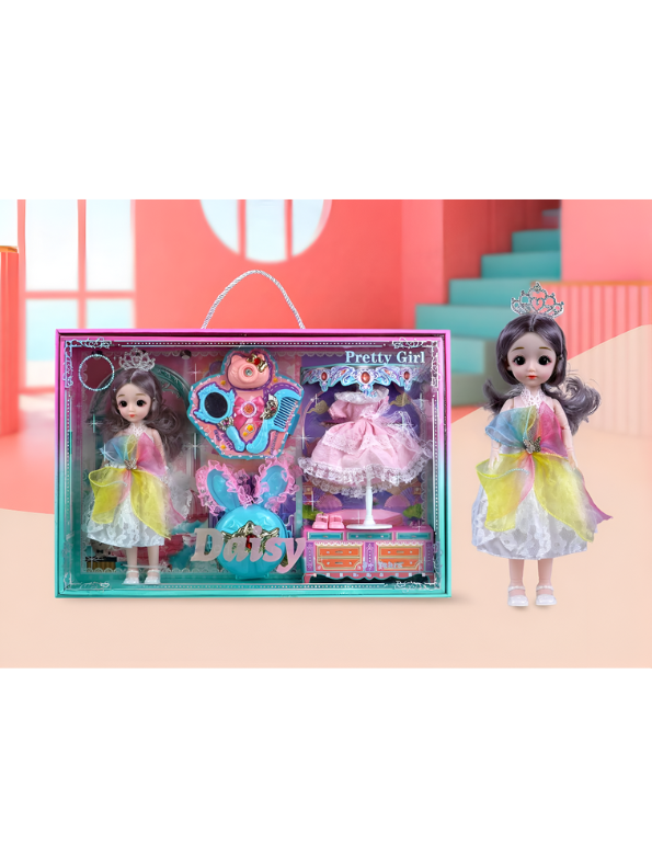 Daisy Princess Doll Fashion Set, 12-Piece Toy with Rainbow Dress & Pink Ballgown, Tiara, Shoes & Vanity Accessories – Girls Princess Doll Gift for Ages 3+ NX13116.