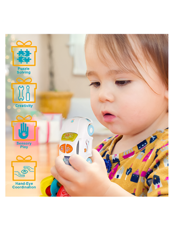 Musical Toy Car Keys for Babies and Toddlers - Interactive Smart Remote Keychain with Sounds, Lights, and Textured Teethers - Sensory Learning Toy Set (Blue & White) NX13784