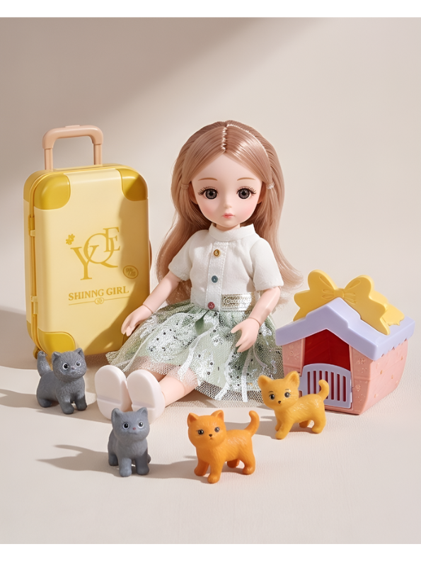 Cindy Windy "Shining Girl" Travel Fashion Doll & Pet Playset with Suitcase and Kittens NX16707