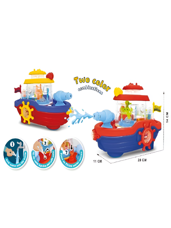 Blue Musical Water Spray Ship Bath Toy for Toddlers with 3D Lights, Moving Gears & Automatic Water Cannon – Kids Bathtub & Pool Toy LMI15766