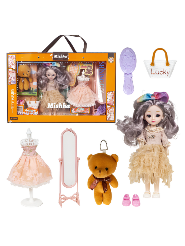 Pretty Girl Doll Playset for Kids – 12-Inch Fashion Doll with Mannequin Dress, Plush Bear, and Vanity Accessories NX13119