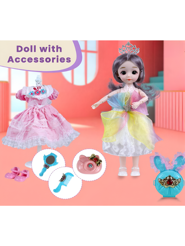 Daisy Princess Doll Fashion Set, 12-Piece Toy with Rainbow Dress & Pink Ballgown, Tiara, Shoes & Vanity Accessories – Girls Princess Doll Gift for Ages 3+ NX13116.
