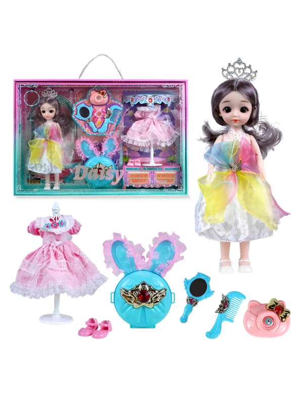 Daisy Princess Doll Fashion Set, 12-Piece Toy with Rainbow Dress & Pink Ballgown, Tiara, Shoes & Vanity Accessories – Girls Princess Doll Gift for Ages 3+ NX13116.