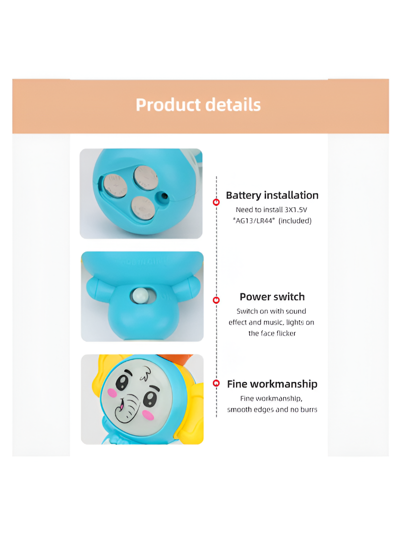 Cute  Elephant  Hand Bell Baby Toy - Interactive Early Learning Rattle with LED Lights and Music - Perfect Baby Shower Gift for Boys and Girls NX13789