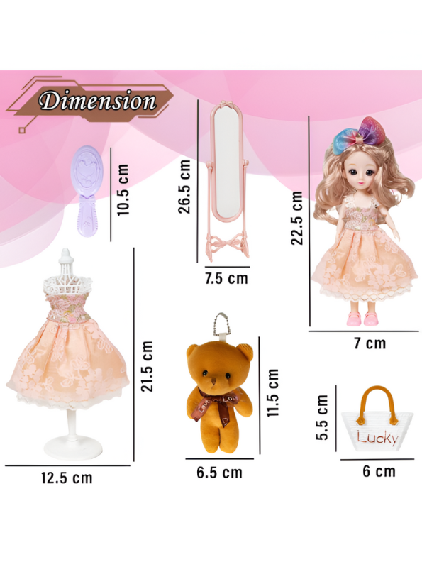 Pretty Girl Doll Playset for Kids – 12-Inch Fashion Doll with Mannequin Dress, Plush Bear, and Vanity Accessories NX13119