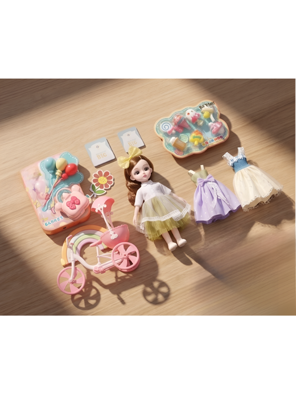 Cherry "Shining Girl" Fashion Doll Set – Includes Pink Balloon Tricycle, Changeable Outfits, and Miniature Ice Cream Play Accessories NX16691